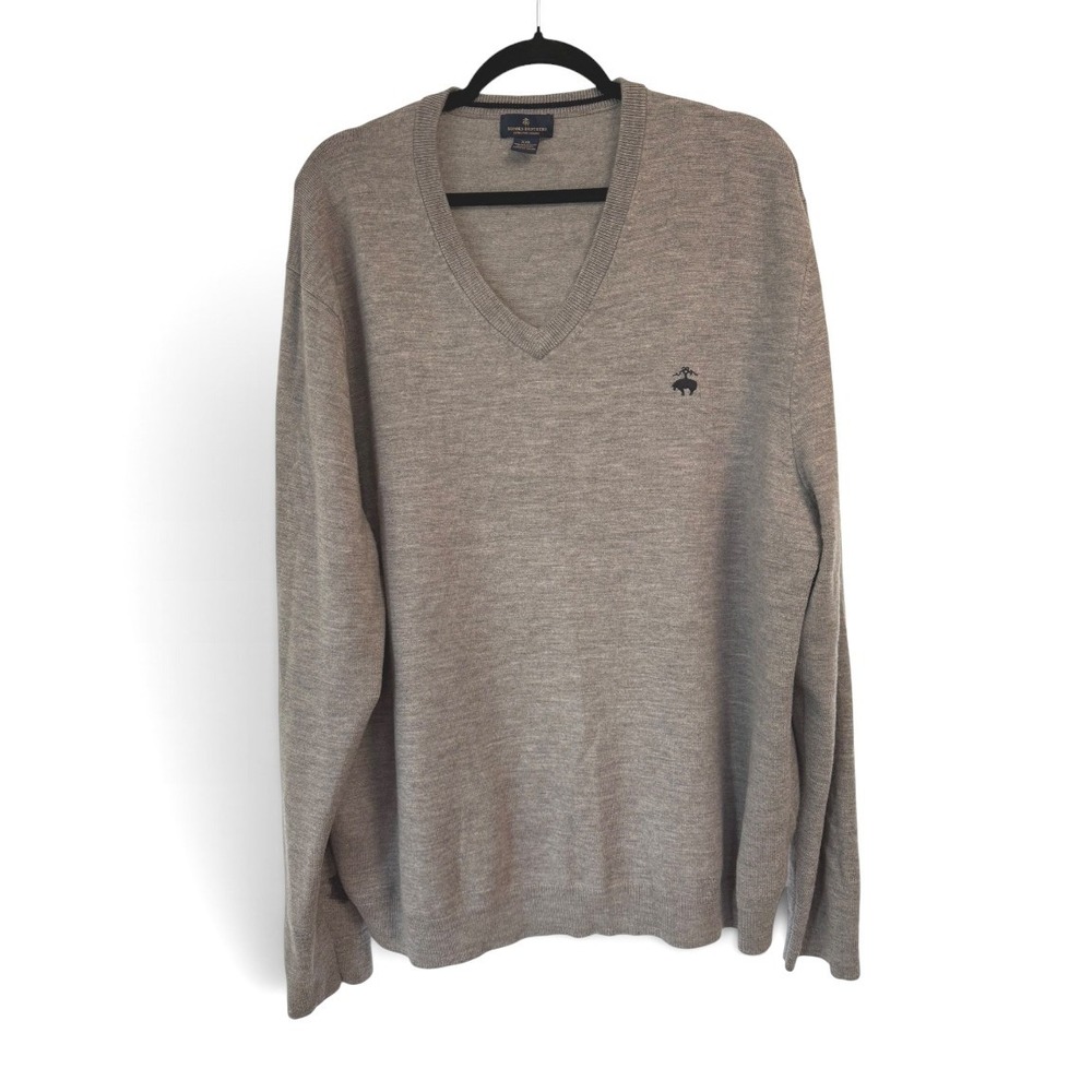 Brooks Brothers Mens XXL Extra Fine Merino Wool V-Neck Sweater Heather Grey Logo